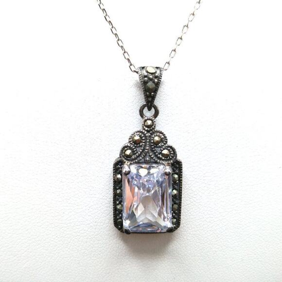 Vintage Sterling Marcasite Clear Crystal Pendant Necklace, Stamped 925 ATI, 17" - Picture 2 of 9
